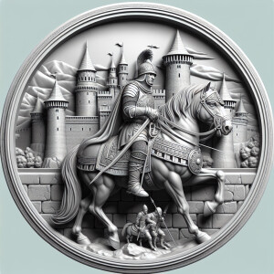 3d bas relief of a knight on a horse in front of a castle, round...