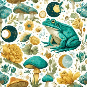 Whimsical illustrated frog, mushrooms, moon phases, mystical for...