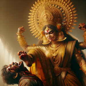 portrait of angry looking goddess durga pinning a weak mahishasur to the ground with her foot. She is wearing gold armor, a huge gold crown, gold saree, abundant  gold jewelry, covered in blood. The scene is set in ancient India. The image is 8K resolution, photography, cinematic, ultra detailed face and epic