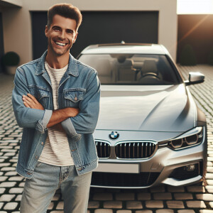 Счастливый владелец bmw рядом со своей машиной