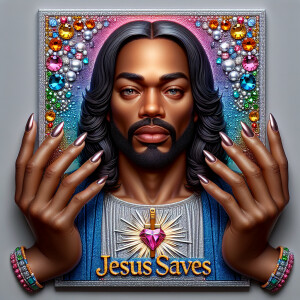 A 3D realistic artwork featuring the phrase 'Jesus Saves' adorne...