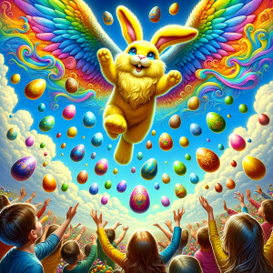 Airbrush style: A flying colorful Big furry yellow rabbit flying...