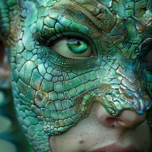 fusion woman dragon, iridescent  cracked and weathered scales, f...