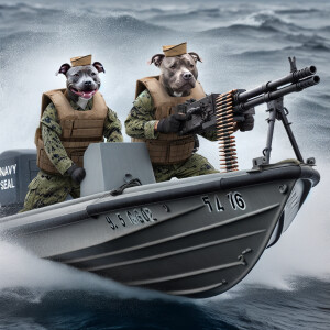 Two pit bulls, the pit bulls are US Navy sailors in battle gear, Manning, two 50 caliber machine guns on each side of the boat. They are going fast in a navy seal boat splashing waves.