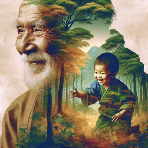 a double exposure art of a old man portrait. Inside the portrait...