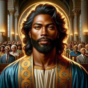 Illustrate an inspiring African-American Jesus crust with a dign...