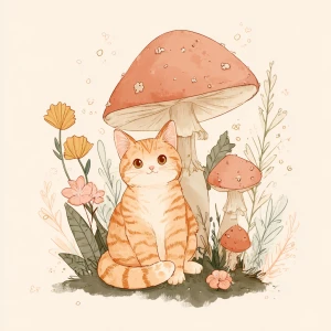 Playful orange tabby cat under mushroom, cute kawaii art, pastel...