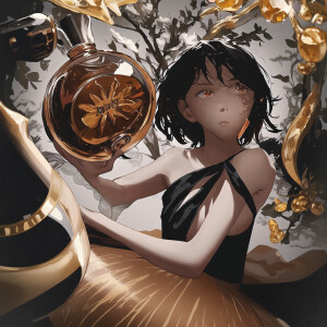 A woman holds a bottle of perfume in her hands. On the perfume b...