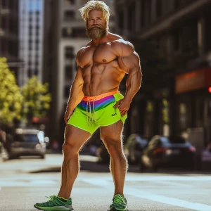 Bodybuilder men with blonde hair and beards wearing neon green s...