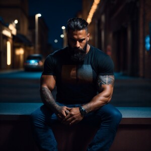 An bearded bodybuilder man is sitting outdoors at night, wearing...