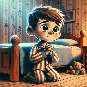 a child kneeling by his bed praying for family and friends. In t...