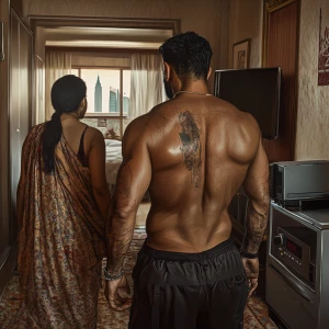 Photorealism, famtasy,a muscular, sweaty man entering a New York...