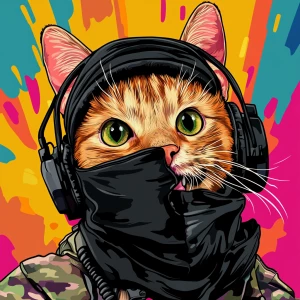 A wide-eyed ginger cat wearing a black tactical balaclava (or ma...