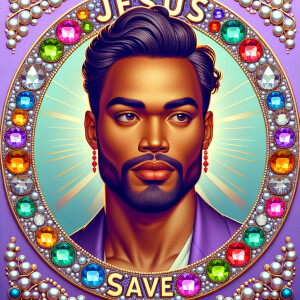 "Create a 3D realistic artwork featuring the phrase 'Jesus Saves...