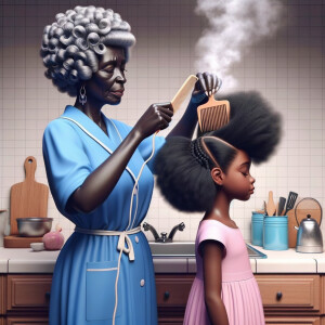 Create a realistic 3-D image of an african-American grandmother wearing a blue house dress. She is in the kitchen with her african-American granddaughter. Her granddaughter is wearing a pink dress The grandmother has a hot comb in her hand and she is straightening her granddaughters hair. One side of her granddaughters hair is in  a Afro the other straight 
There is smoke coming from the hot comb