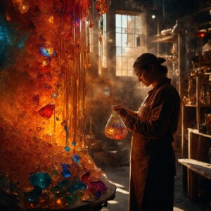 In an elegant, sunlit studio, a master glassblower shapes a stun...