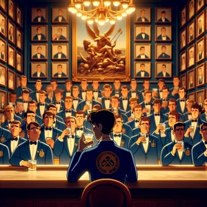 Inside a lavish stop-motion fraternity house, a grand party unfolds. Young, well-dressed stop-motion figures in tailored navy blazers and golden fraternity pins stand frozen mid-toast, their miniature champagne glasses raised in perfect symmetry. Meanwhile, one isolated stop-motion figure sits slumped at a polished bar, gripping a tumbler of whiskey. The liquid inside appears perfectly still, suspended in the moment. Above him, a large framed portrait of past fraternity leaders watches coldly, the golden nameplates reflecting the dim light. His face is partially in shadow, caught between past glory and present insignificance.