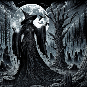 A striking, cinematic illustration of a witch standing beside a...