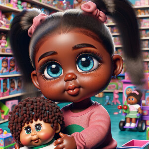 Create a 3-D realistic image of an African-American little girl above the age of five she has huge, blue eyes and thick long ponytails.
She is in a toy store and she is playing with her favorite african-American Cabbage Patch doll , the doll has deep, dimples and freckles