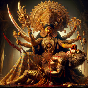 portrait of angry looking goddess durga sitting on a gold crown...