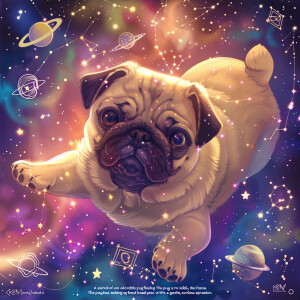 Make it a cartoon "A portrait of an adorable pug floating in a c...