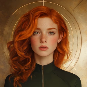 Create photorealistic an image of a ginger-haired woman who embo...