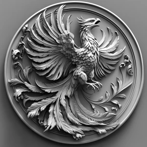 Design a high-contrast grayscale bas relief of a phoenix with wi...
