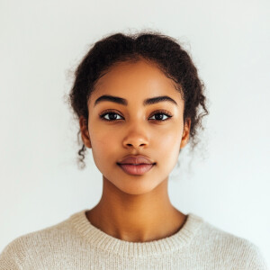 A 22-year-old South African American woman with a clean face, lo...