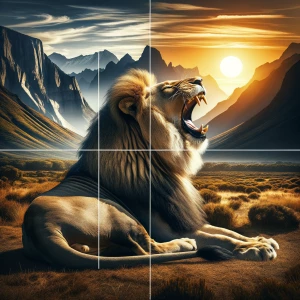 A majestic lion roaring, positioned according to the rule of thi...