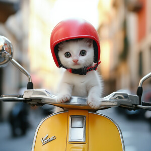 A white kitten wearing a red helmet is sitting on a yellow Vespa...