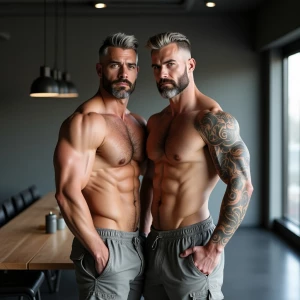 Create a hyperrealistic image of two muscular, tall men with sop...