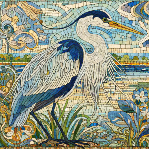 Create an image of a white and blue heron set against a typical...