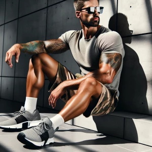 A muscular man leans against a wall, wearing camouflage shorts a...