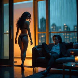 A cinematic, moody evening scene in a modern high-rise apartment...