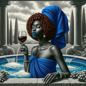 Grisaille painting : Patio landscape a jacuzzi on the patio blue...