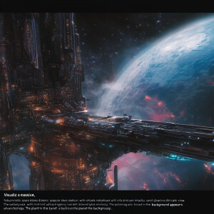 "Visualize a massive, futuristic space station orbiting a distan...