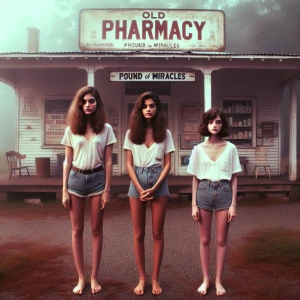 Create a color film photograph from 1962 of three beautiful, ext...