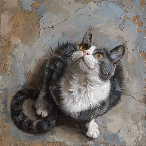 A gray and white cat looking up at the viewer with its tail wrap...