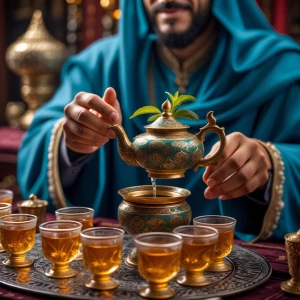 A traditional Moroccan man in authentic attire serving fresh min...