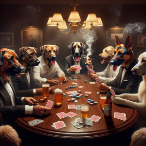 Photorealistic image. Classic image of dogs playing poker around...