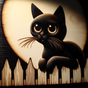 Beautiful realistic black cat with big eyes, sitting on a fence...