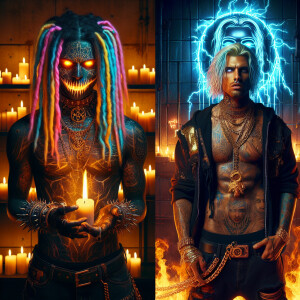 "Wide format, film grain photo style, merging two scenes. On the...