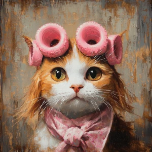 A cute longhaired cat painting of a female cat with small pink s...