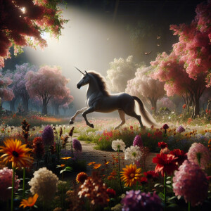A unicorn prancing through a field of flowers bright background,...