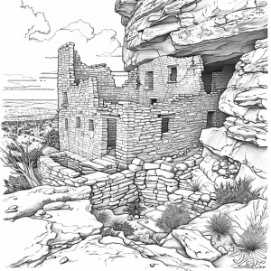 Create an image of Anasazi structures for a coloring book