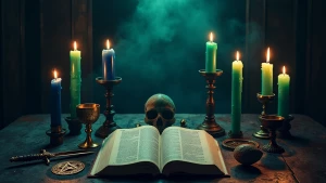 Create an image of a sinister altar dedicated to the demon Mephi...