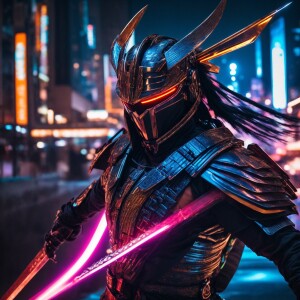 Imagine a cybernetic winged samurai, fiercely engaged in battle...