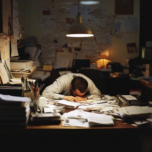 A weary small business owner slumped over a messy desk strewn wi...