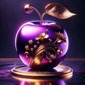 Envision a lustrous, oversized apple with a surface that gleams in a radiant shade of purple, as if lacquered to a high shine, reflecting light from its smooth, curvaceous form. The apple is adorned with elegant gold leaf patterns that swirl luxuriously around its contour, bringing a baroque opulence to its appearance. The stem, a bronzed sculpture in itself, supports a single leaf that seems to glow with an inner luminescence. At the apple’s base, a collection of flowers blooms, their petals softening the scene with organic shapes and colors that harmonize with the vibrant purple and gold. Incorporated into the metallic filigree in an artful script is the name "Karen," as if the apple were personally inscribed, enhancing the custom and bespoke quality of the piece.