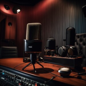 A meticulously arranged podcast recording studio showcasing a hi...